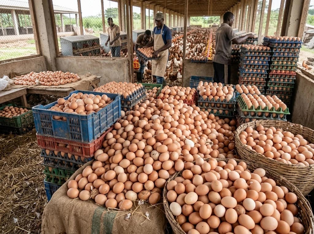 Crates and baskets of freshly collected brown eggs in the layer house