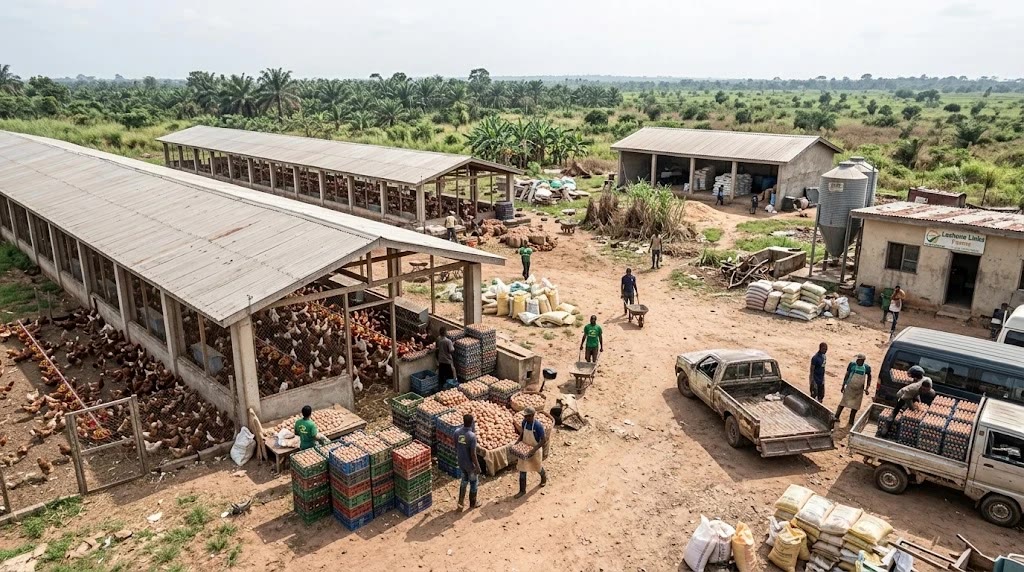 The Lashone Farms yard: poultry houses, feed store and egg crates loaded for delivery